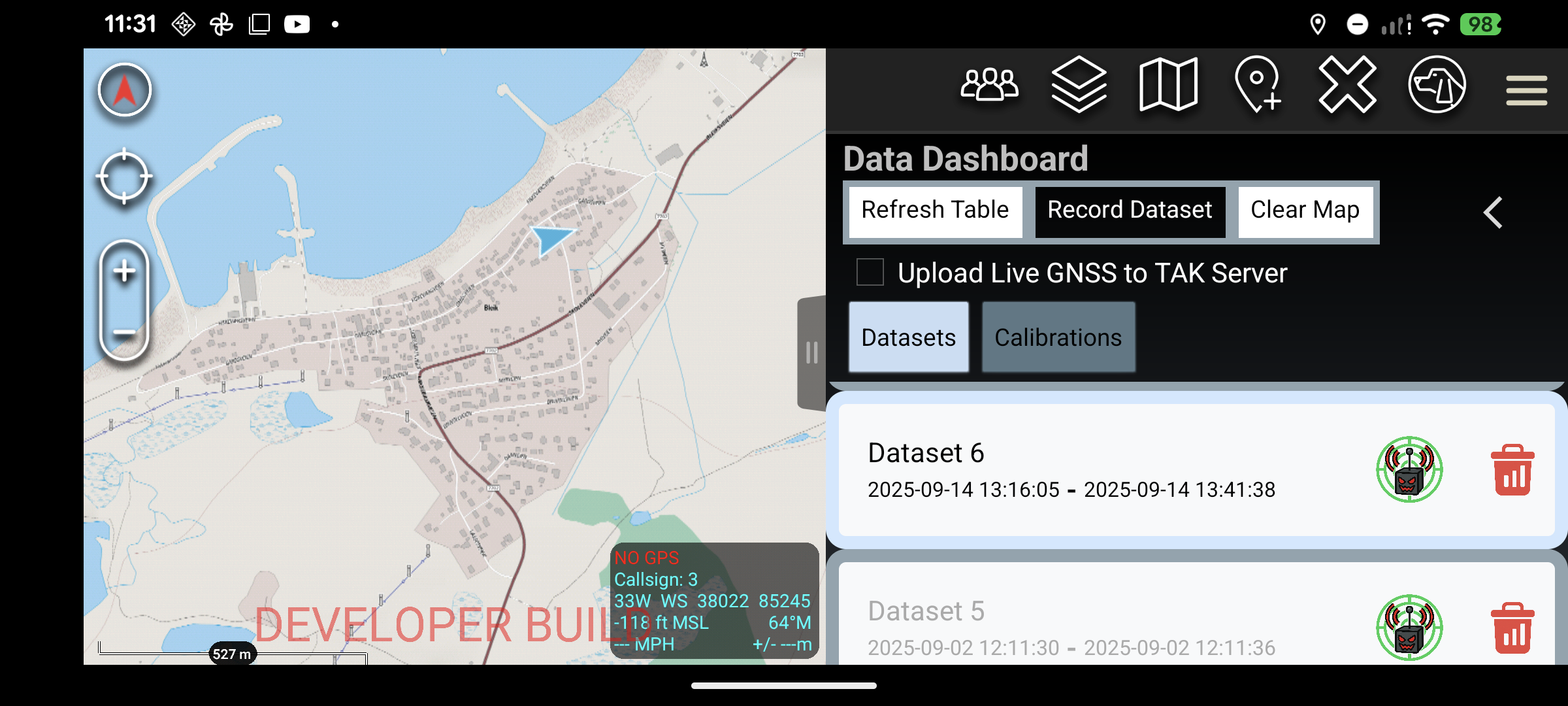 ATLAS GNSS data dashboard for recording and managing datasets