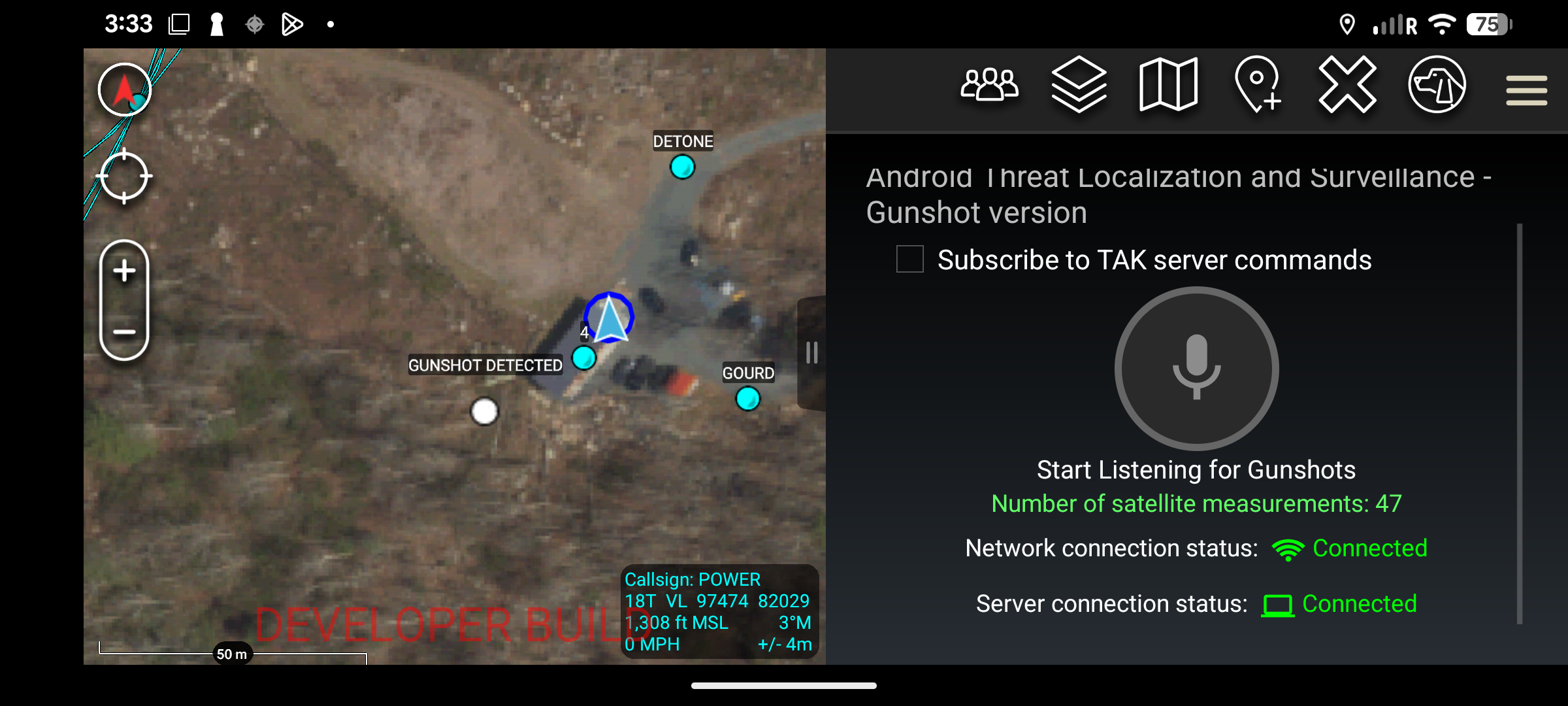 ATAK map showing a small gray dot titled Gunshot Detected